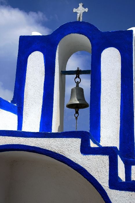 Blue and white bell tower, Karterados village
