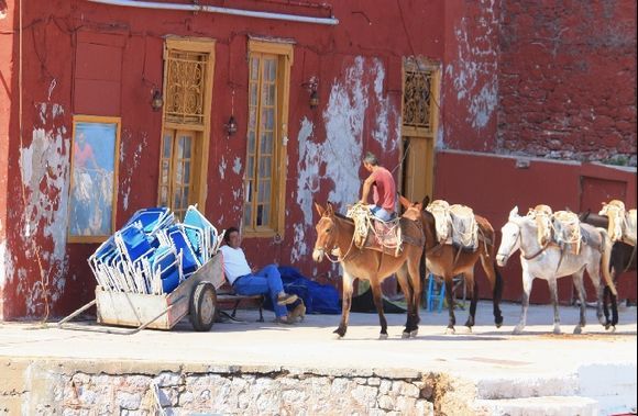 Colourful scene with men, donkeys and red house, Kaminia