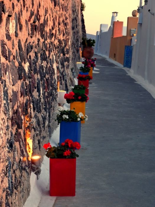 Colorful lane with flowerpots, Fira