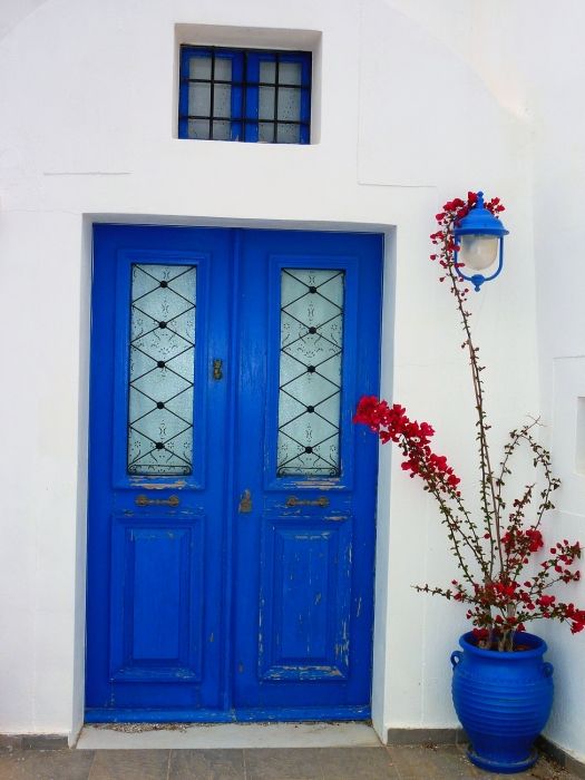 Entrance with blue pot and red bougainvillea