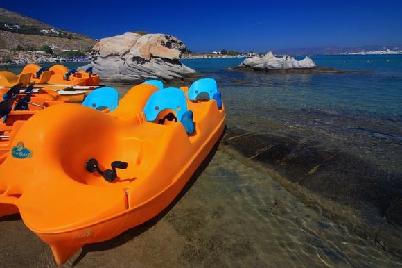 Pedal boats and rock formations at Kolimbithres beach