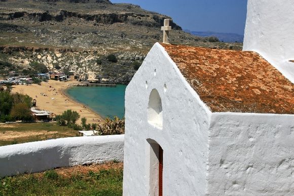 Agios Georgios Church overlooking Lindos beach