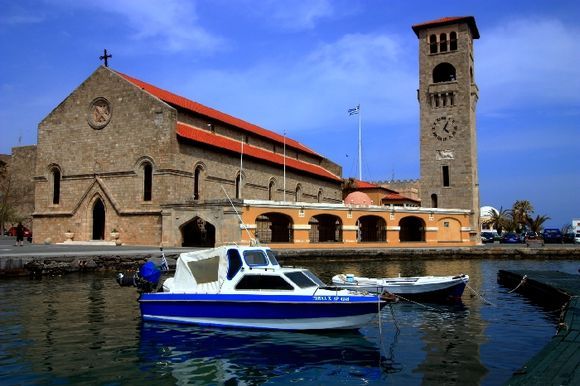 Mandraki harbour with Evangelistria church, Rodos town