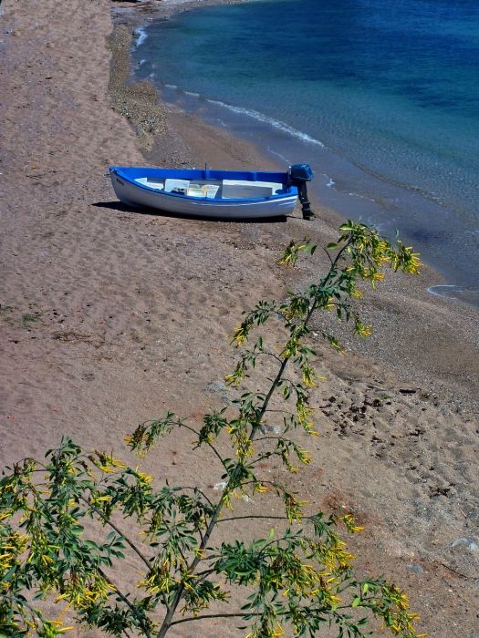 Selinia sandy beach with blue boat