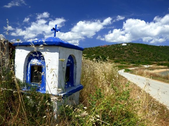 Ammouliani island, Chalkidiki Countryside with roadside shrine