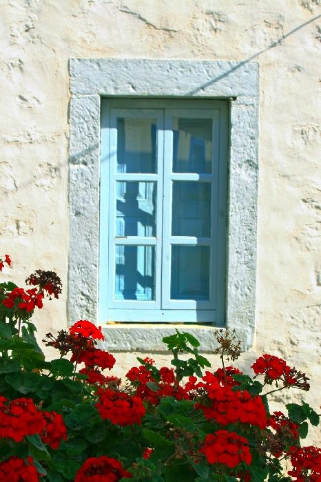 Traditional window and geranium blossoms, Skala