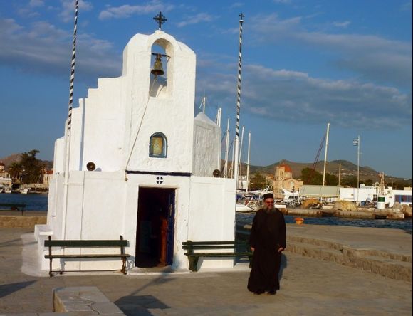 Agios Nikolaos waterfront church and pope, Aegina town
