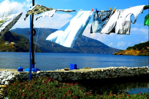 Laundry drying in the wind, Telendos island