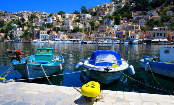 Waterfront with fishing boats, Yialos, Symi island