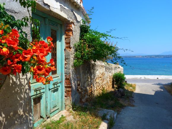 Decayed wooden gate with flowers and sea view, Spetses island, Saronic