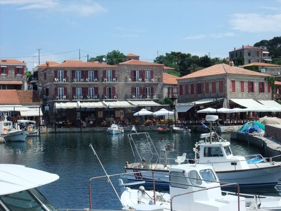 molyvos harbour showing the seahorse hotel
