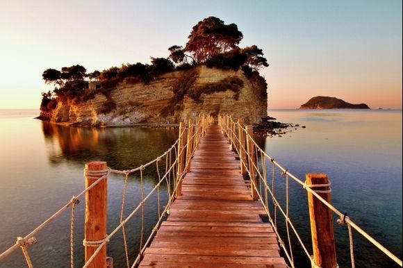 The footbridge to Agios-Sostis at sunrise