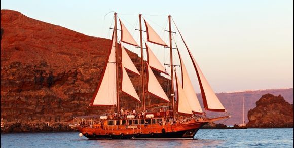 Oia ship at sunset