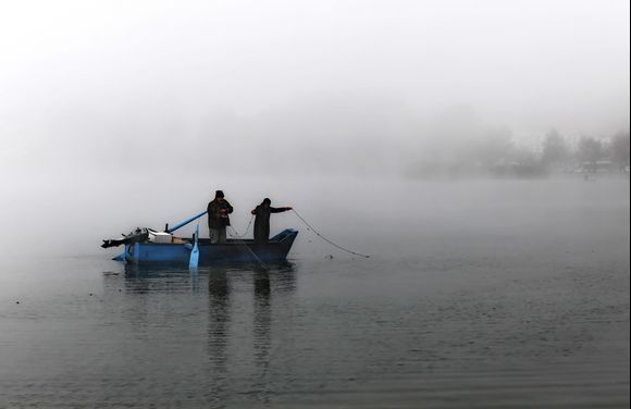 Fishing in the mist in lake Orestias (Kastoria)