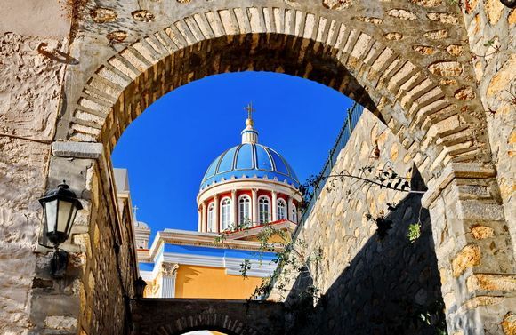 The dome of the stunning Agios Nikolaos church, one of the landmarks of Ermoupolis