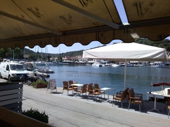 View of Vathi harbour from a kafeneon