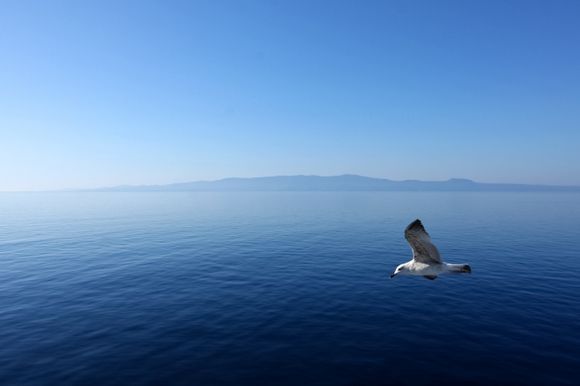 Flight over the Aegean Sea, Peninsula Halkidiki, Greece.
