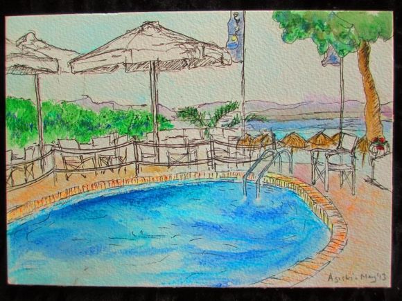 My sketch of the Oasis scala beach hotel pool