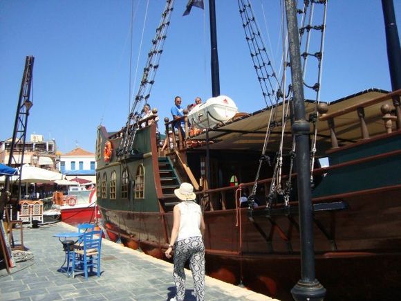 Ship in the Venetian Harbour in the Old Town of Rethymno at Crete