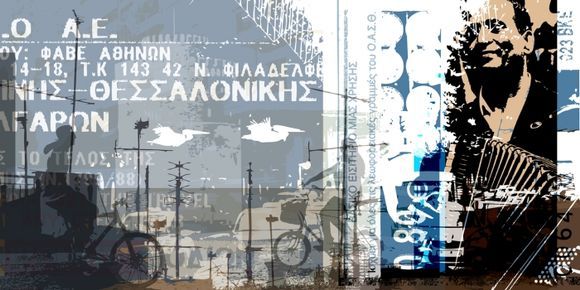 Artwork using photos and items such as metro, bus tickets etc from my travels. This is one is of Thessaloniki. The original is about 50cm in length