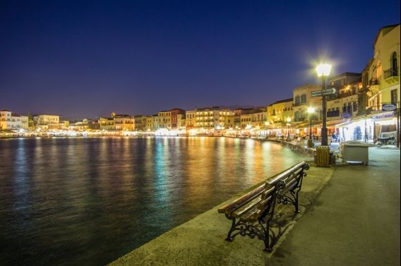 The blue hour along the harbor in Hania.