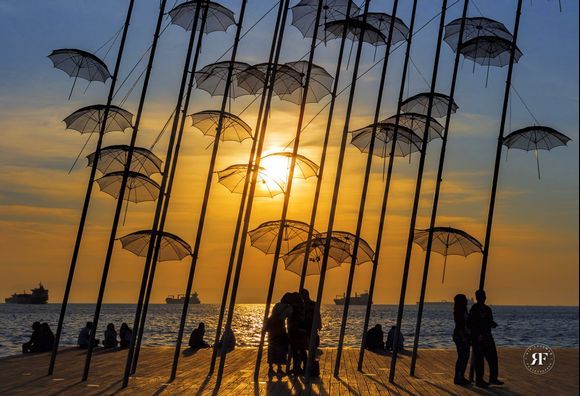 The Zongopoulos umbrellas (02). A fascinating feature added in 2013 to the seafront to compliment the new Alexander The Great Memorial Park and seafront development.
