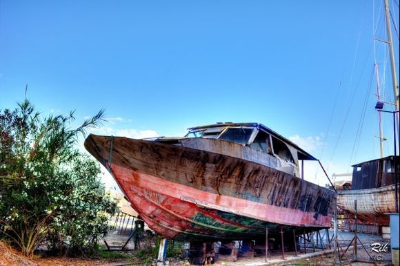 Restoration - A boat being restored at the Venetian Shipyard, Gouvia.