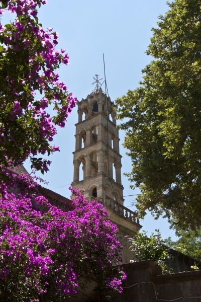 The famous bell tower of Mylopotamos.