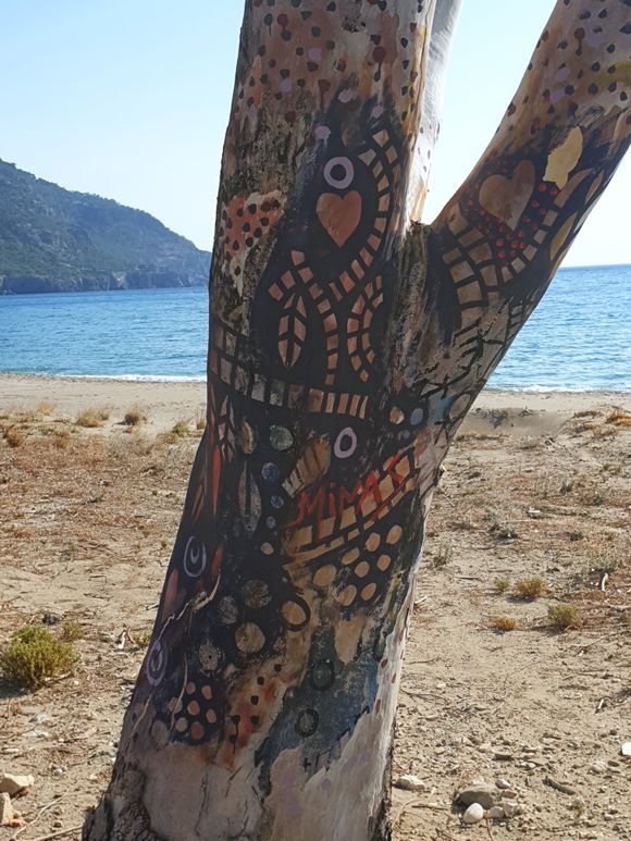 This is one of a number of beautifully painted trees on Pigadia beach!