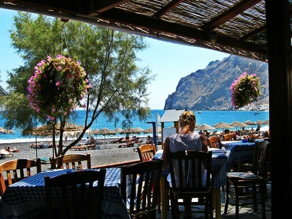 Santorini island, a view from a restaurant in Perissa beach