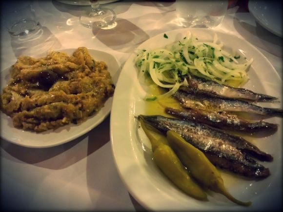 Halkidiki (Sithonia), eggplant salad and anchovies in πγροφανι ταβερνα in Sarti village