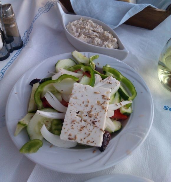 Kalymnos island, greek salad and eggplant salad in a nice taverna in Myrties village