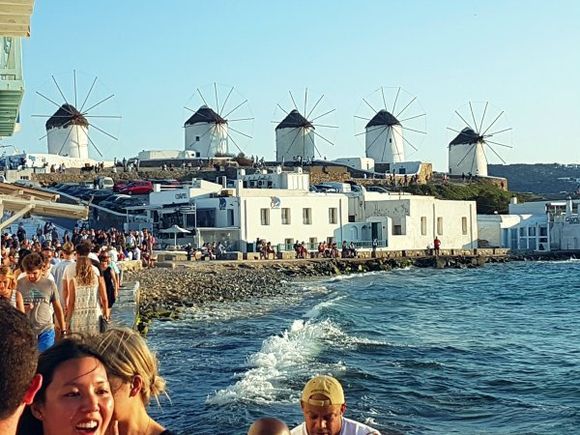 Mykonos august 2017, view of the 5 windimills from Little Venice