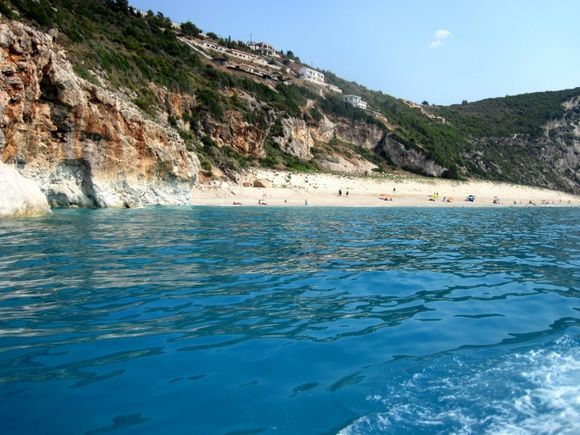 Lefkada, a view of Mylos beach from the boat
