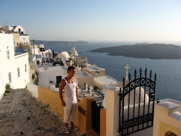 Overlooking the volcano of Santorini Greece.