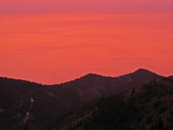 Lefkada, sunset from the H Paxn restaurant in Exanthia-Rachi, a traditional village located in a mountainous region.