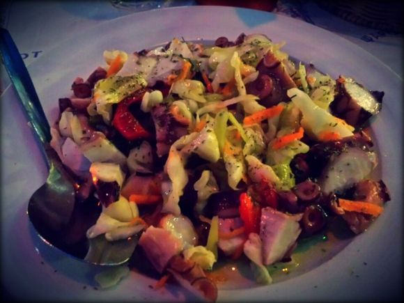 Halkidiki (Sithonia), octopus salad in Ο Μεγασ Αλεξανδροσ Fish Tavern in Sarti village