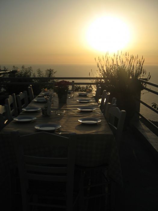Lefkada, sunset from the H Paxn restaurant in Exanthia-Rachi, a traditional village located in a mountainous region. From here, you can eat delicious meals!