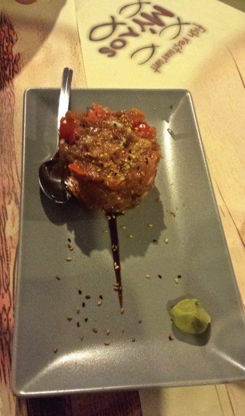 Leros july 2015, Tuna tartare with wasabi in the famous Mylos restaurant close to the windmill in Agia Marina.