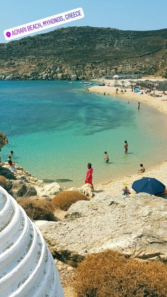 Mykonos august 2017,  Agrari and Elia are located near each other, forming a huge sandy beach, 10 kilometres from the island's capital. Agrari Beach is less popular than its neighbor Elia and much calmer. They both can be reached by local bus and by taxi-boat.