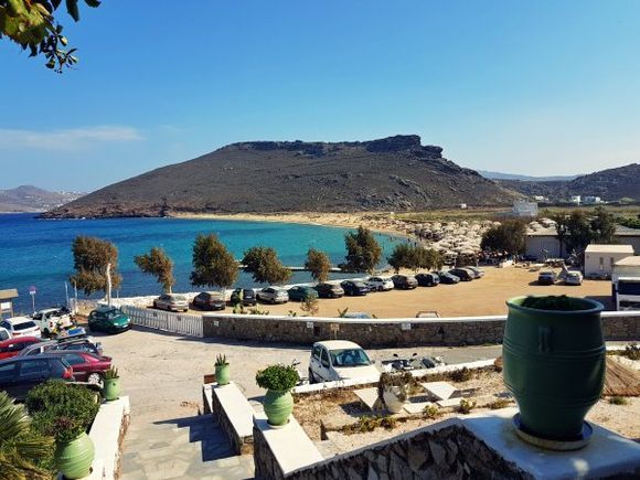 Mykonos august 2017, view of Panormos beach from Kalosta restaurant