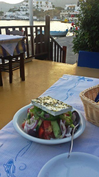 Lipsi island 2015, greek salad in To Pefko restaurant in the beautiful port