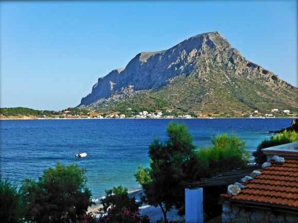 Kalymnos island, a view of the island of Telendos from the Olympitis apartments in Myrties village