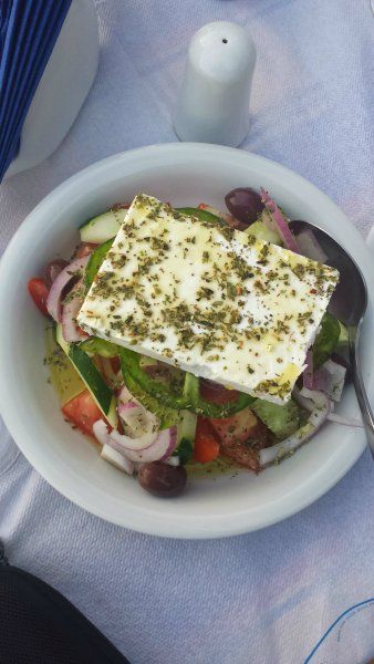 Lipsi island 2015, greek salad in To Pefko restaurant in the beautiful port
