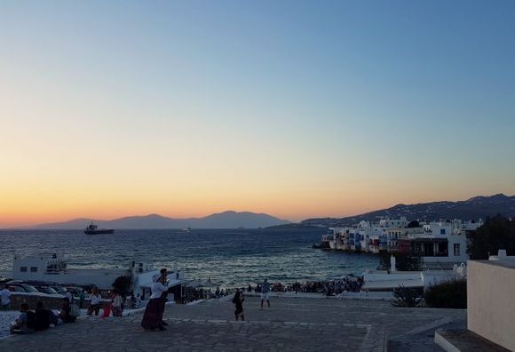 Mykonos august 2017, view of Little Venice from the 5 windmills