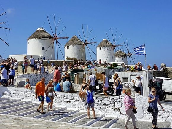 Mykonos august 2017, The windmills are the quintessential features of Mykonos landscape. There are plenty of them that have become a part and parcel of Mykonos. Visitors to Mykonos can see the windmills irrespective of the locale. From a distance one can easily figure out the windmills, courtesy of their silhouette.