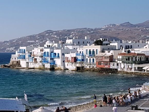 Mykonos august 2017, view of Little Venice from the 5 windmills