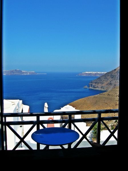 Santorini island, view from the balcony of the Reflexion Hotel Volcano in Fira