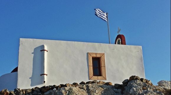Leros island, view of the Prophet Elia Church under the medieval Castle
