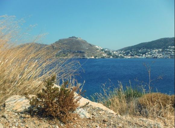 Leros july 2015, in the background the Medieval Castle in Pandeli from Dioliskaria beach